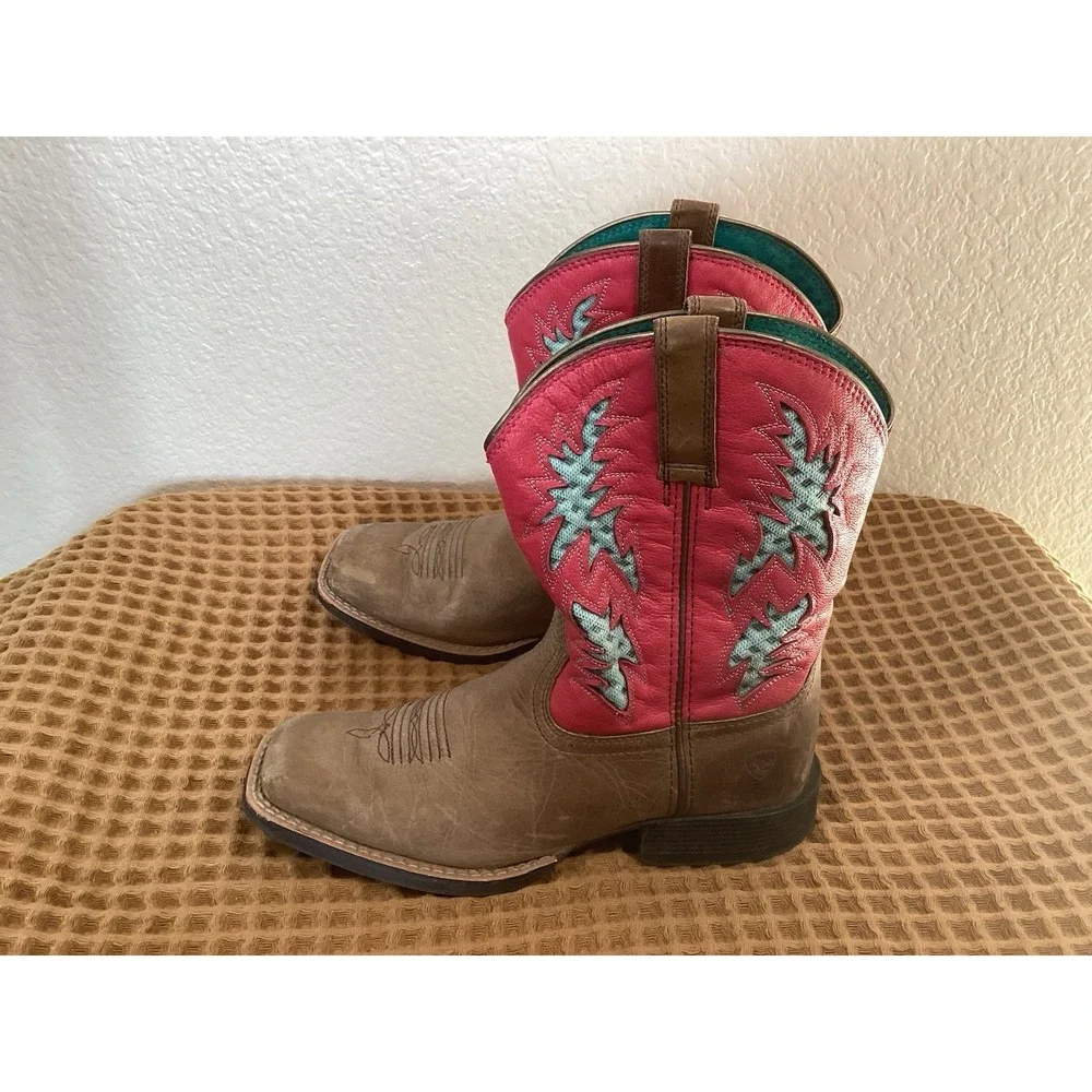 Ariat Pink Square Toe Boots Girls Sz 3 Brown Leather Western Cross Cowgirl